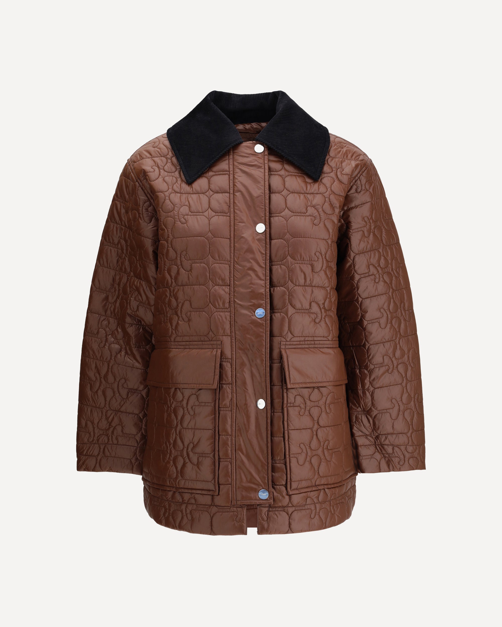 GANNI Shiny Quilt Midi Jacket BROWN Base Blu