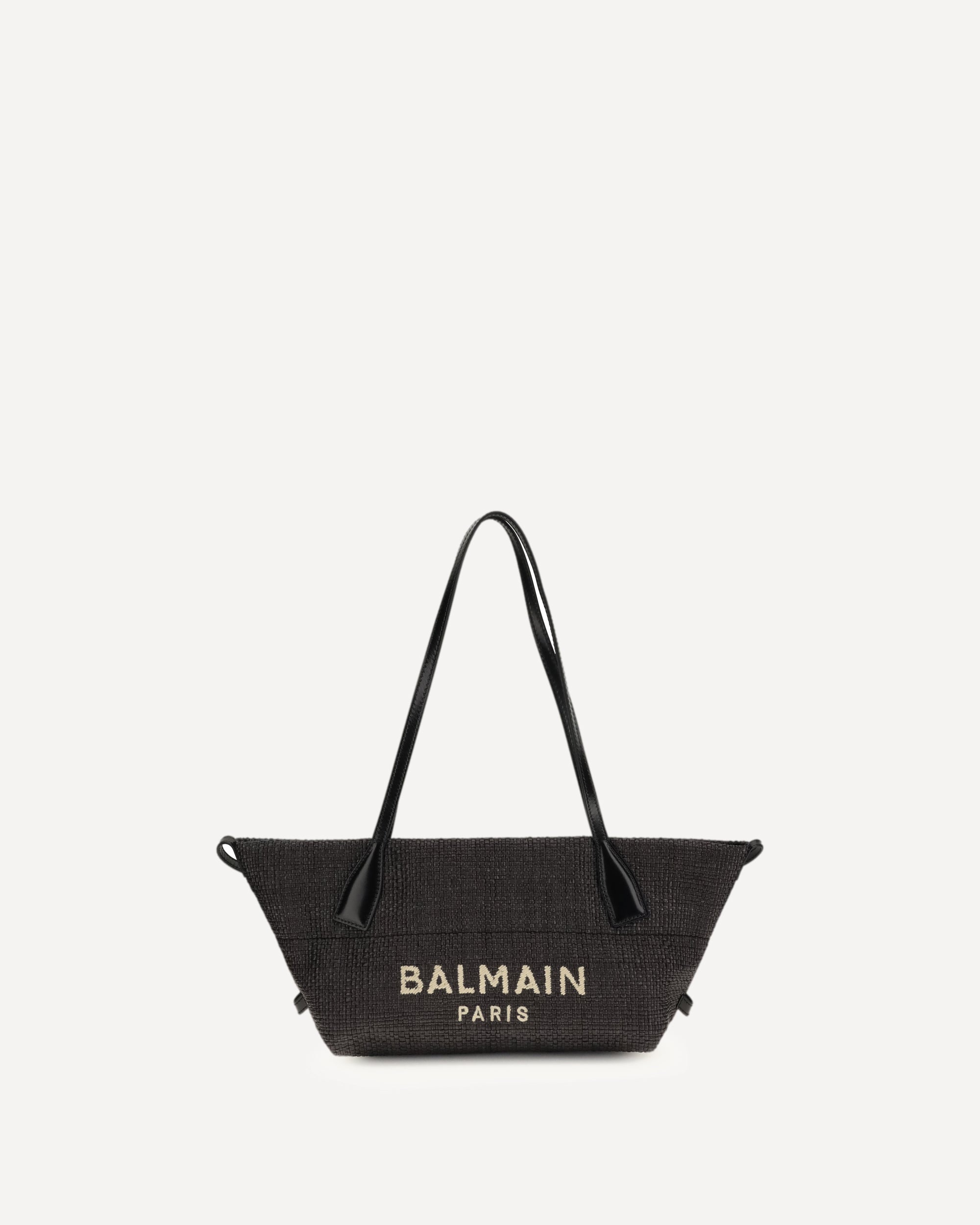 BALMAIN Calfskin and Raffia Track Shoulder Bag BLACK | Base Blu