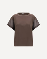 Cotton T-shirt with sheer sleeves and side panels - BROWN | Base Blu