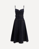denim flared midi dress Indigo Cotton Denim V-Neck Fit and Flare Midi Dress 38" / Tall (5'7" and above)
