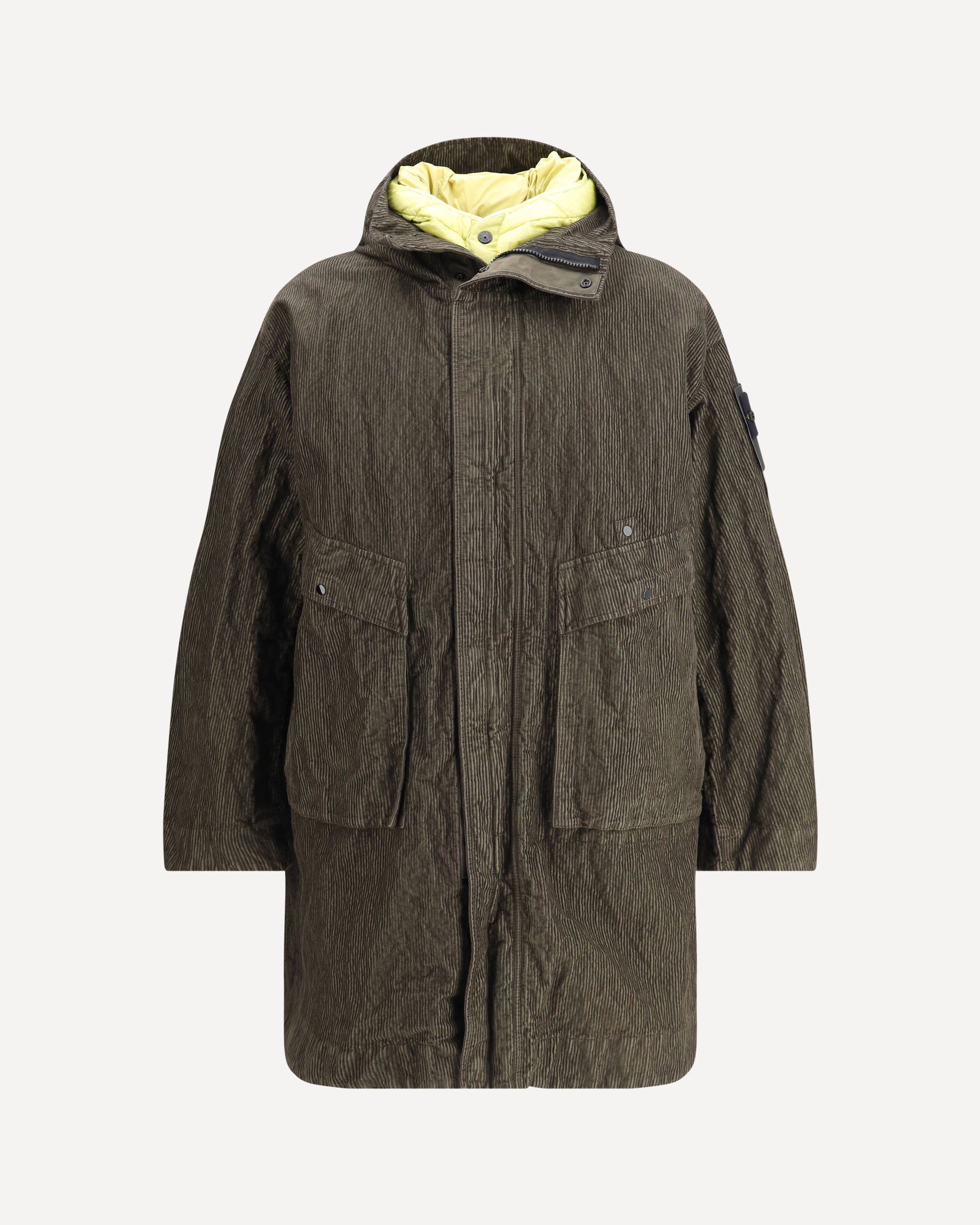 STONE ISLAND Wrinkled Corduroy Coat with hood GREEN | Base Blu