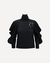 High-neck Sweater with flower brooch - BLACK | Base Blu