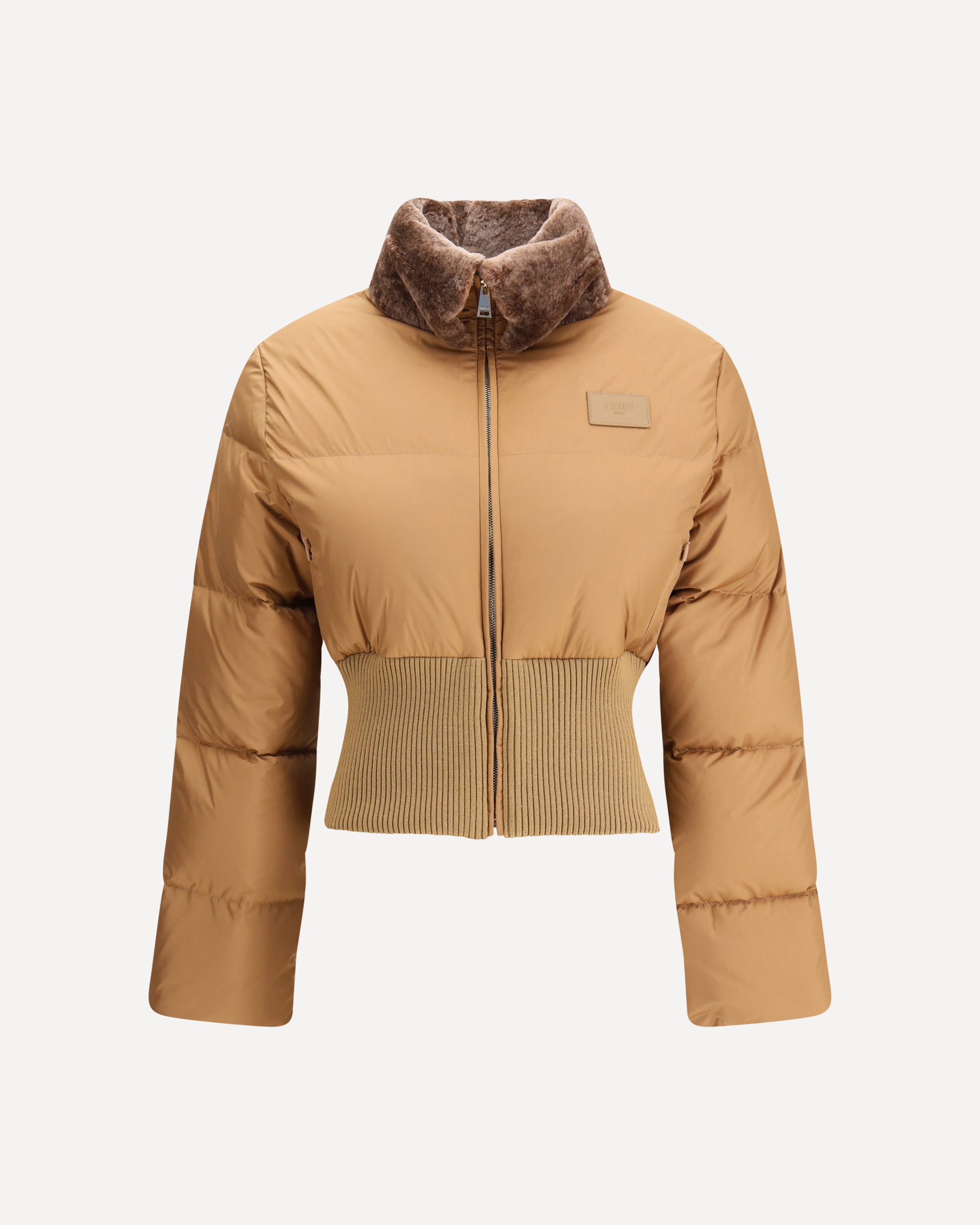 FENDI Cropped Down Jacket with Shearling lining BROWN | Base Blu