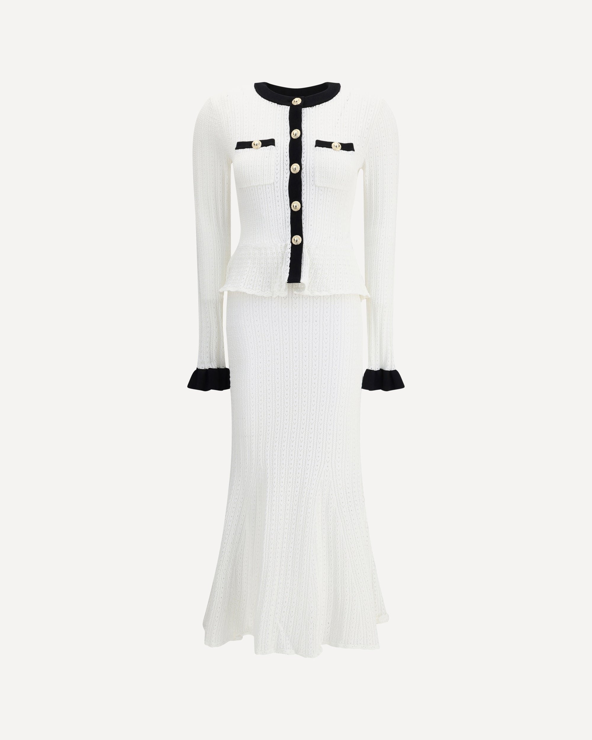 SELF-PORTRAIT Pointelle Knit Long Dress WHITE Base Blu