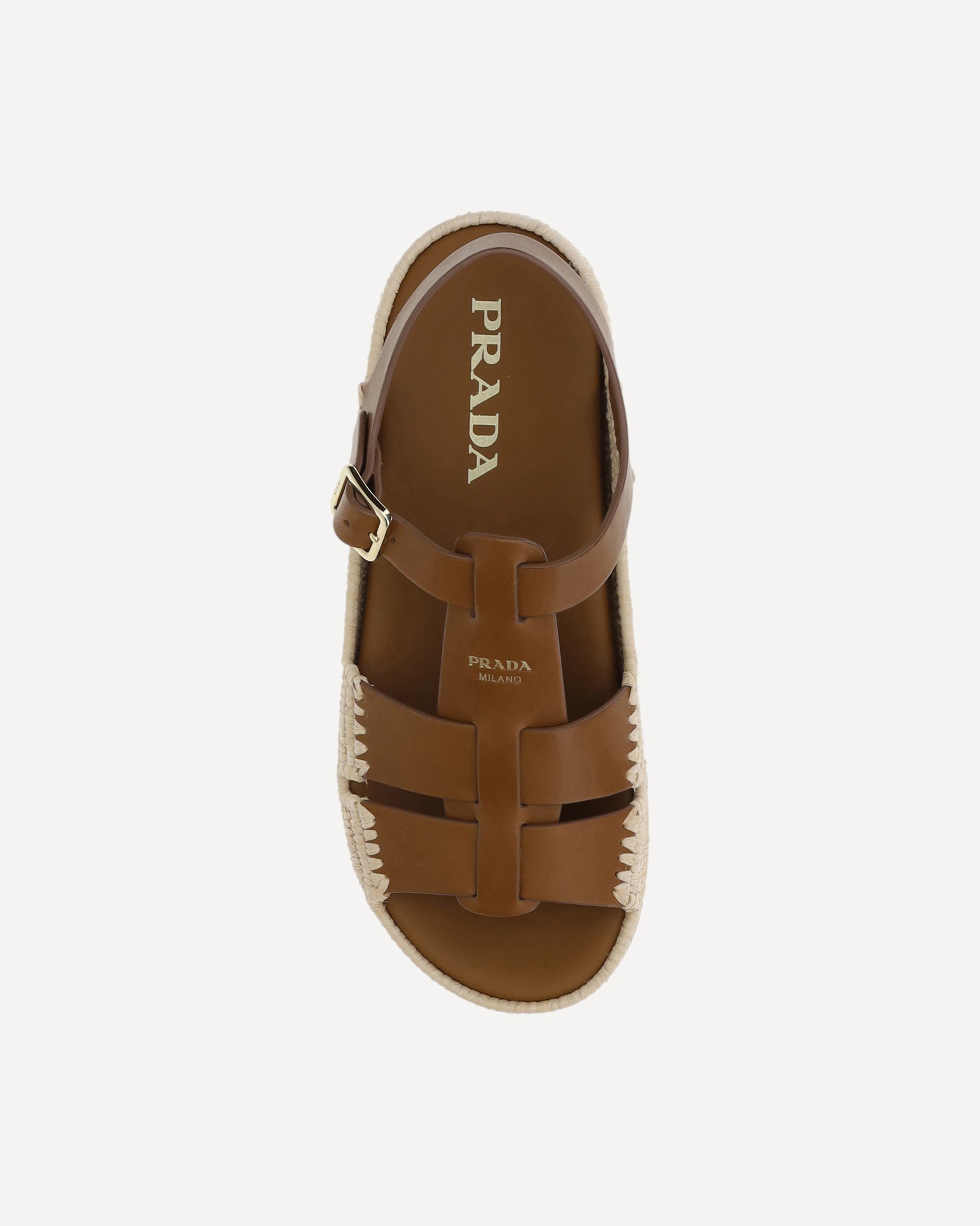 PRADA Leather and Raffia Sandals BROWN | Base Blu