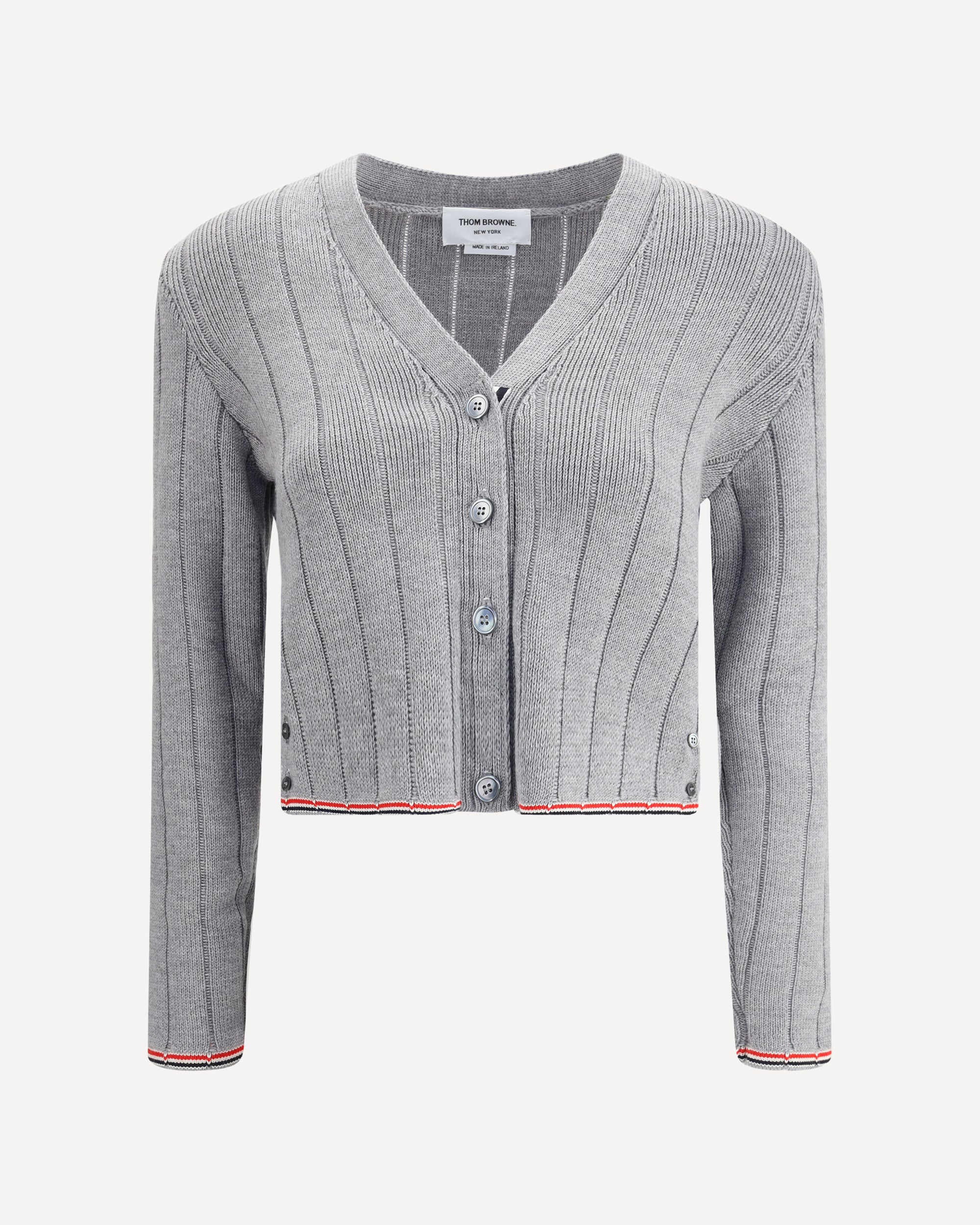THOM BROWNE Ladder Full Needle Rib Stitch V Neck Car GREY | Base Blu