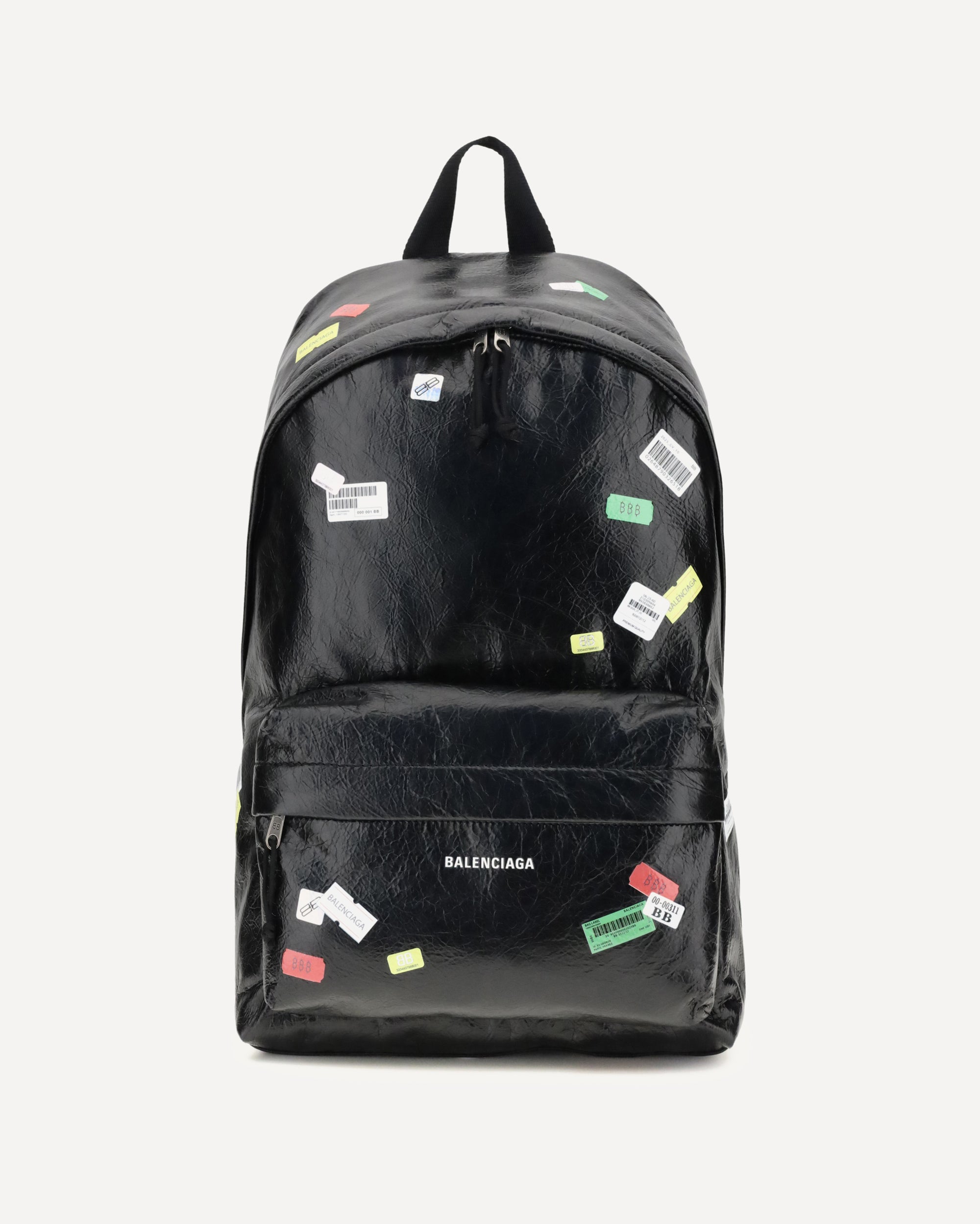 balenciaga logo print leather backpack BALENCIAGA Explorer Backpack with printed stickers BLACK