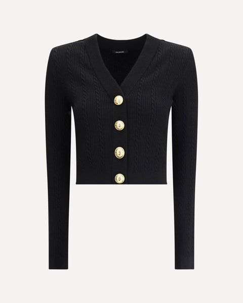 BALMAIN Ribbed and braided Cardigan BLACK | Base Blu