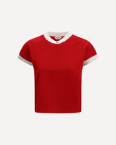 T-shirt in stretch jersey di cotone con scollo a V - ROSSO | Base Blu