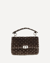 Medium Rockstud Spike suede Top Handle Bag - BROWN | Base Blu