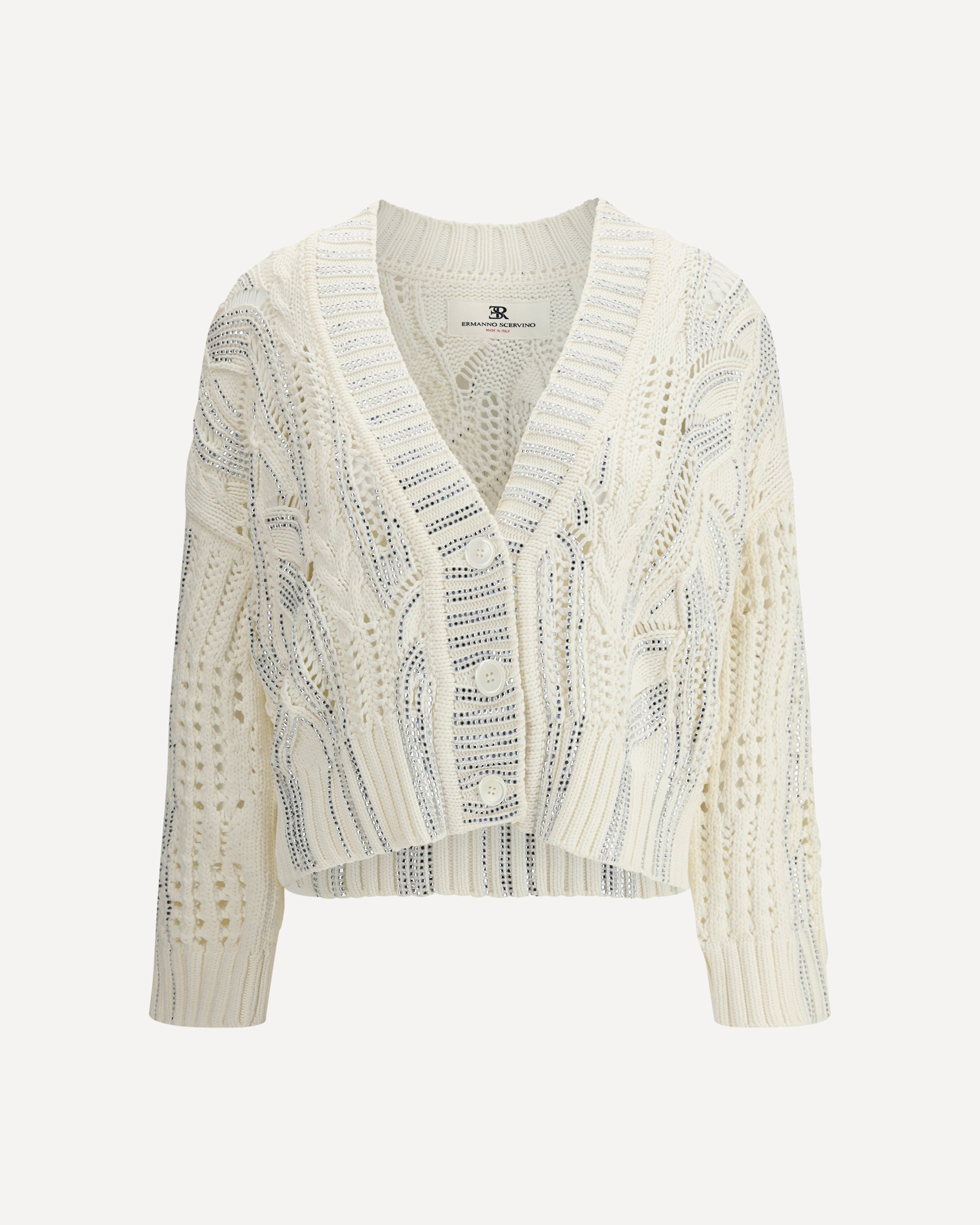 ERMANNO SCERVINO Rhinestone cotton Cardigan CREAM | Base Blu