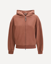 Hooded Smooth Cotton Sweatshirt with Shiny Zipper Pull - BROWN | Base Blu