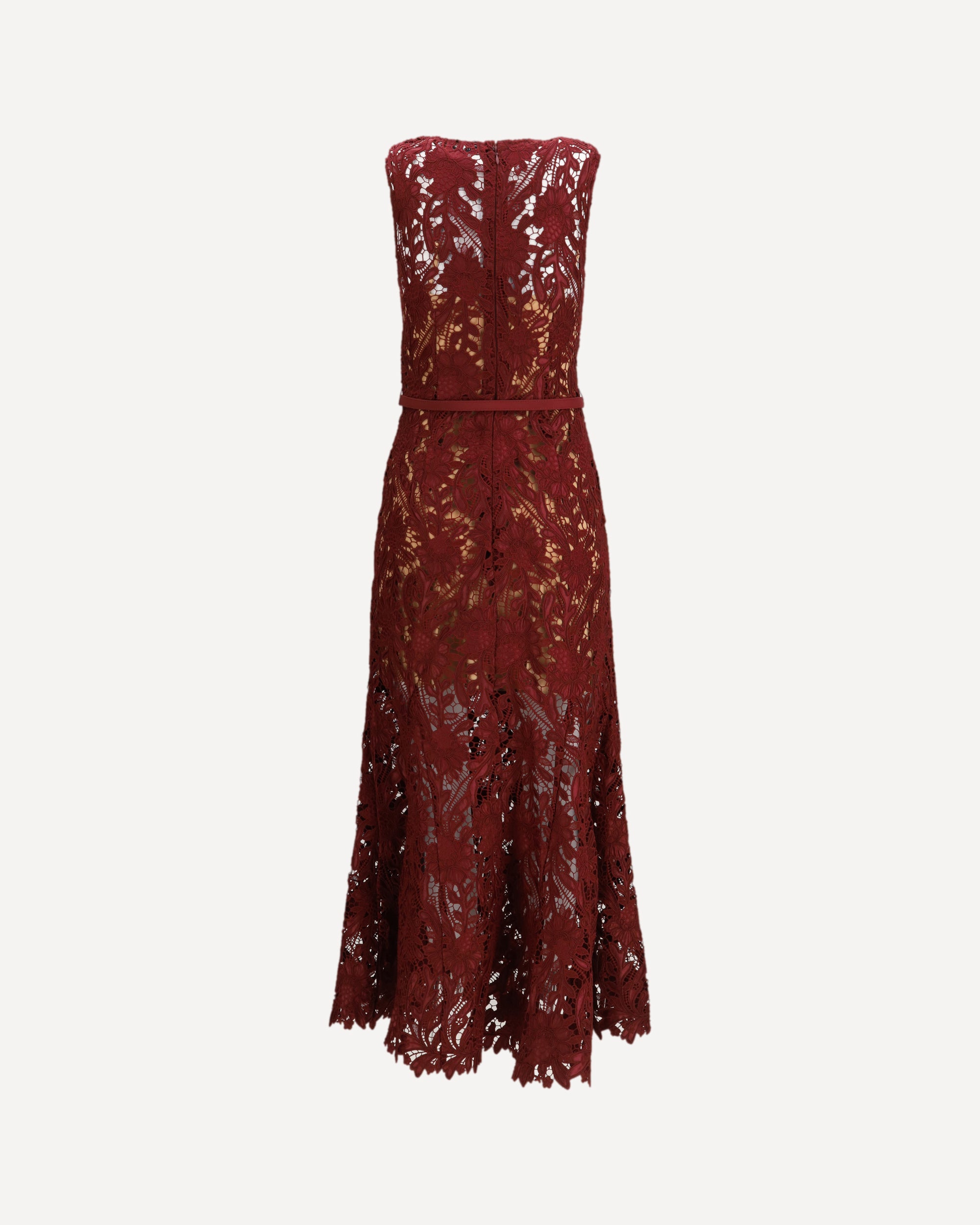burgundy guipure lace midi dress Silk-blend guipure lace cocktail dress in burgundy - Elie Saab