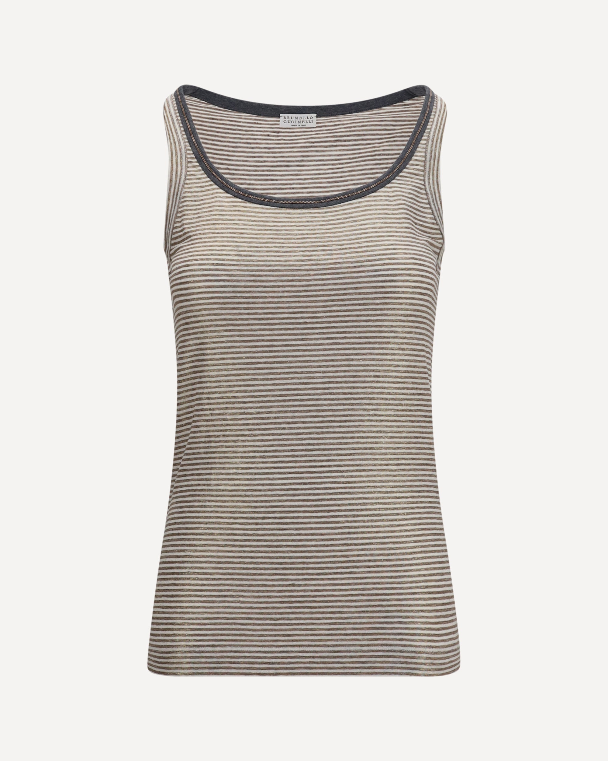 ブルネロクチネリ　ノースリ　トップス BRUNELLO CUCINELLI Striped linen lamé jersey Tank Top with glossy